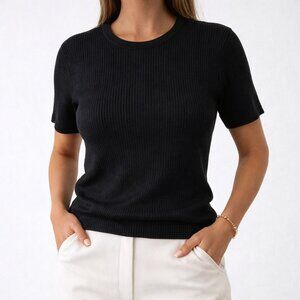St. John Knits Luxury Black Wool Blend Ribbed Short Sleeve Top [size M]